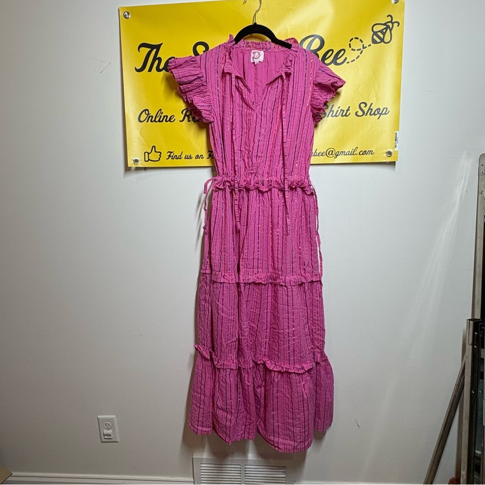 Victoria Dunn Pink Metallic Striped Maxi Dress